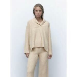 Zara Knit Sweater Women’s Small Beige Ribbed Shawl Collar Pullover Cozy Neutral